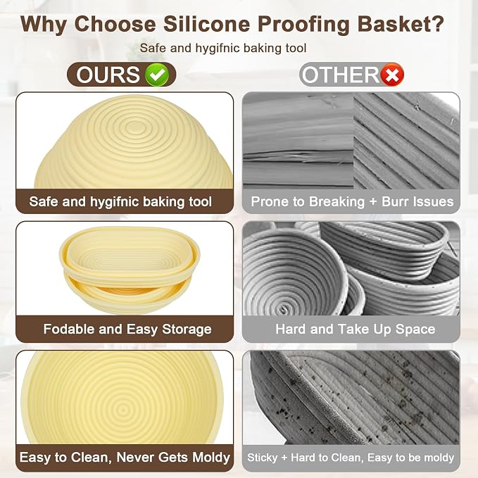 JOCXSPI Silicone Sourdough Starter Kit, Upgraded & Thickened 9" Round & 10" Oval Banneton Bread Proofing Basket, Foldable, Non-Stick Sourdough Basket with Bread Sling & Baking Supplies Tools