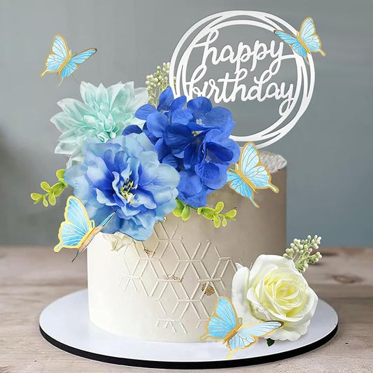 19 PCS Flower Cake Toppers Butterfly Cake Decorations Happy Birthday Cake Toppers with Artificial Blue Rose Flowers Eucalyptus Butterflies for Girls Birthday Party Wedding Baby Shower Supplies (Blue)