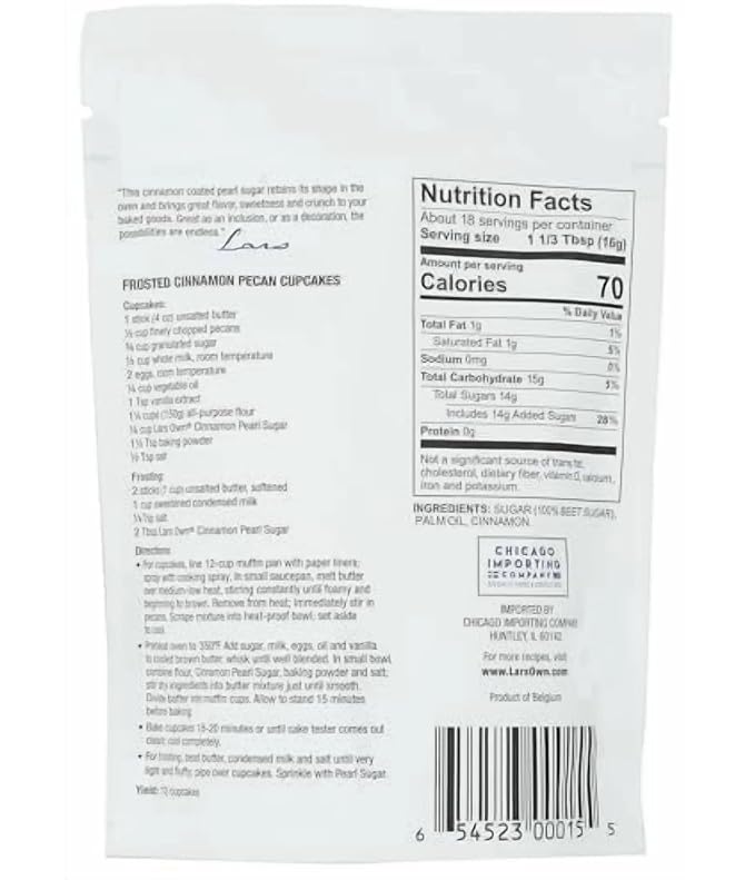 Lars Own Cinnamon Pearl Sugar – 1-Pack, 10-oz Resealable Pouch – Warm Spice Crunch for Baking – Oven-Safe Inclusion and Decoration
