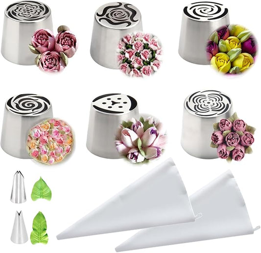 10PCS Extra Large Russian Piping Tips Stainless Steel 3D Flower Frosting | (XXL)Russian Piping Tips for DIY Cream Bouquets, Cake Flower Decoration & Cake Decorations. Beginner-Friendly