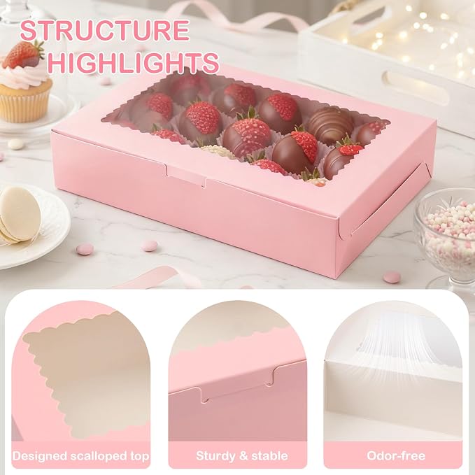 OAMCEG 24 Pack Cookie Boxes with Window, 12x8x2.5 Inch Bakery Treat Boxes for Christmas Holiday Gift Giving, Desserts, Donuts, Pastries-Pink