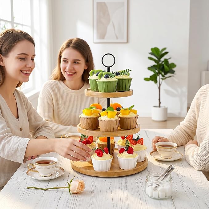 3 Tier Cupcake Stand, Cake Stand Tower, Dessert Table Display Set for Party | PUPOMIO Bamboo Dessert Stands, Wooden 3 Tier Serving Tray, Desert Table Display Set For Wedding/ Birthday/ Afternoon Tea