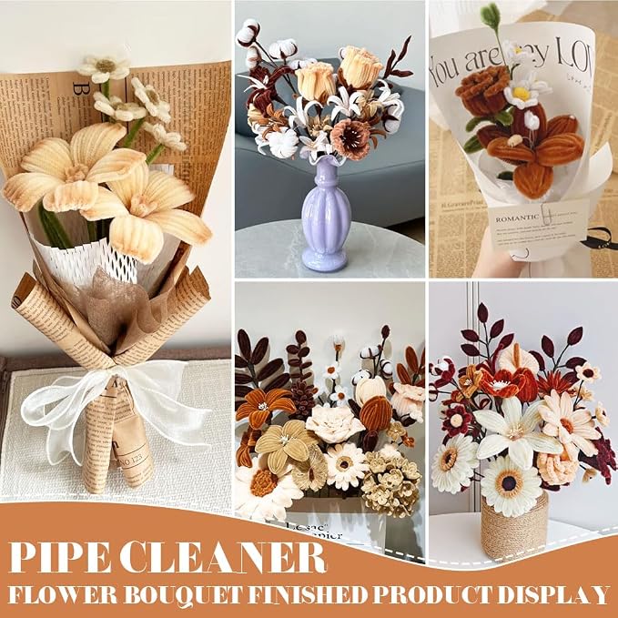AHAMETON 620Pcs Brown Pipe Cleaner Flower Kit, 6 Colors Bulk Pipe Cleaners Craft Supplies with Wires, Stamens, Ribbon, Tapes, Card, DIY Flower Making for Gifts Party Home Decoration, School Crafts