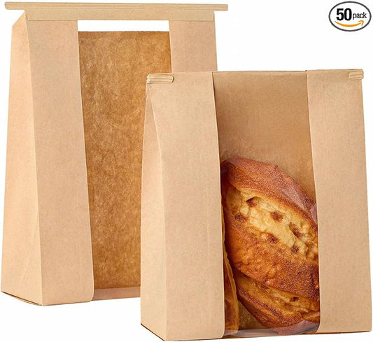 Ocmoiy 50Pcs Tin Tie Tab Lock Large Paper Bread Bags for Homemade Sourdough Bread Bags 13.7x8.2x3.5 Inch Resealable Bakery Bags with Window Thank You Stickers