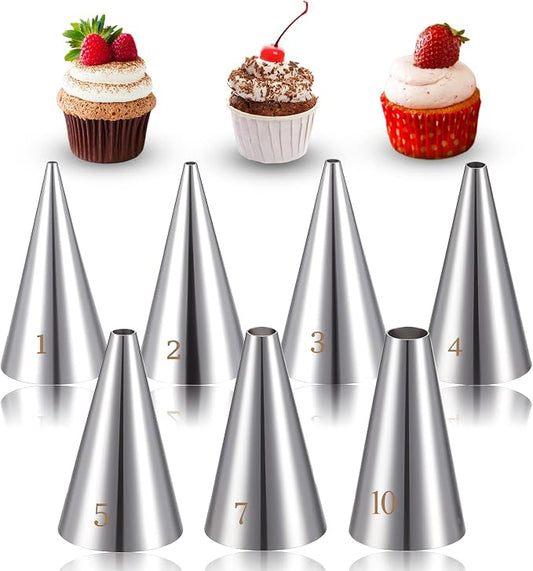 Bewudy 7 Pcs Round Hole Piping Tips Set, Stainless Steel Cupcake Frosting Nozzles Tool Professional Cake Decorating Tool for Baking Cookies Puff Doughnut Cream Bag Filler
