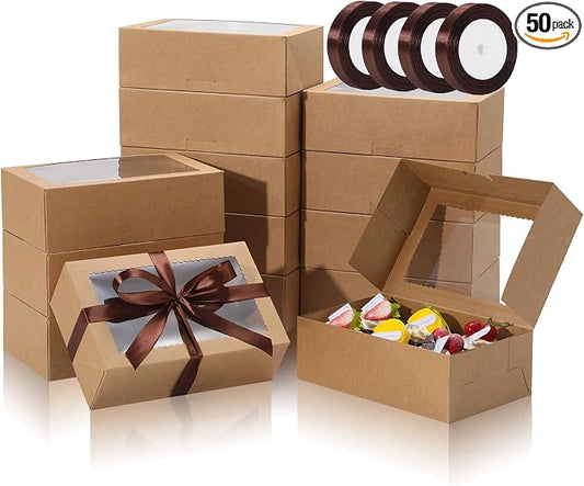 COTOPHER 50Pcs Cookie Boxes with Ribbons, 9x6x3 Inch Bakery Boxes with Window, Brown Treat Containers for Pastries, Chocolate Covered Strawberries, Dessert, Easter Candy, Muffins, Donuts