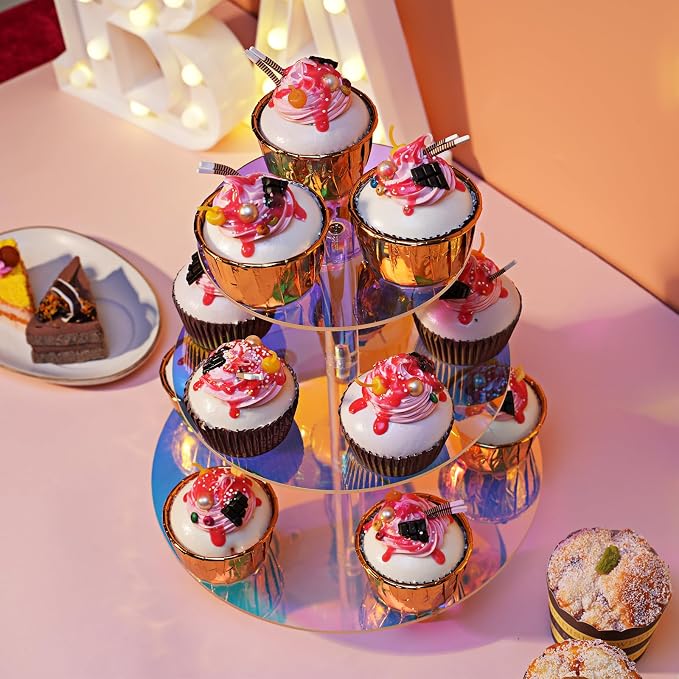 3 Tier Iridescent Acrylic Cupcake Stand (6", 8", 10") with 4" Spacing - Rainbow Holographic Dessert Tower with Solid Rods - Color Changing Cake Display for Disco, Mermaid, & Birthday Party Decor (Rainbow Colors)