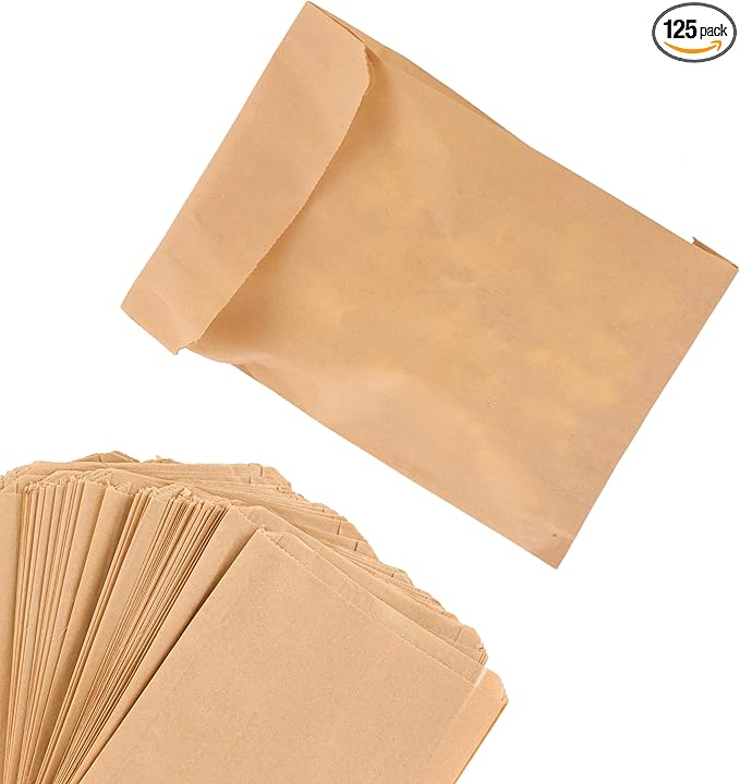 Paper Sandwich Bags Kraft Brown (125 Pack) Food Grade Bags with White Round Stickers for Sealing - Unbleached Compostable Natural Kraft Paper Stock Bags for Bakery Cookies, Treats, Snacks, Sandwiches