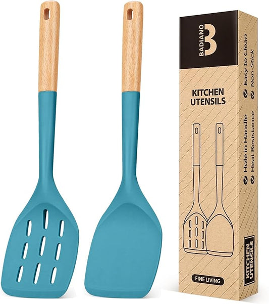 Pack of 2 Silicone Spatula, Non Stick Cooking Utensil Set Wooden Handle Kitchen Turner for Baking Mixing Grilling Serving Food Heat Resistant Non Scratch Hooks Included (Blue)