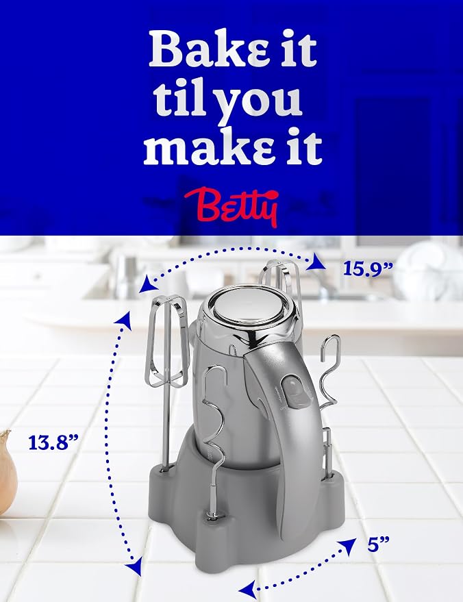 BETTY CROCKER Hand Blender 7 Speed, 250 Watt Electric Mixer with Beaters and Dough Hooks, Ergonomic Electric Hand Mixer for Home & Kitchen with Stand and Soft Touch Handle, Silver