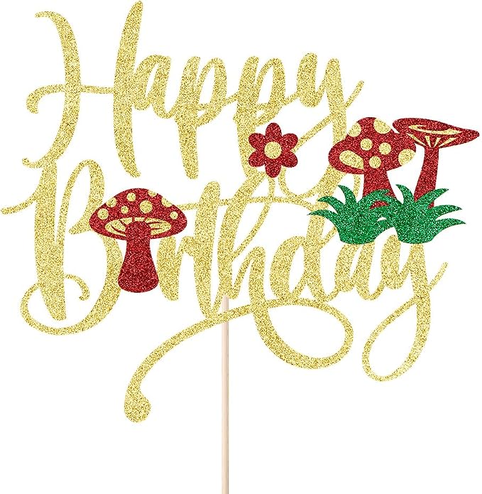Mushroom Cake Topper- Glitter Mushroom Birthday Cake Toppers,Mushrooms and flowers in spring,Baby Shower Boy Girl Birthday Party Decoration Supplies