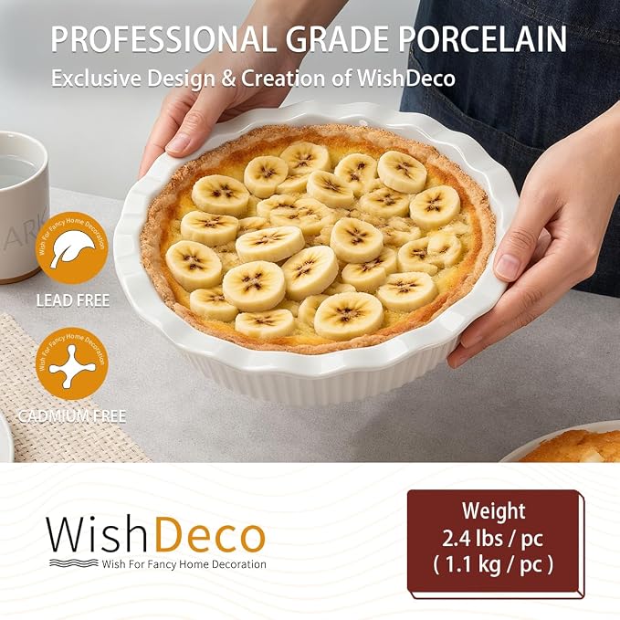 WishDeco Ceramic Pie Pan for Baking 23 cm / 9 inch, Deep Round Pie Dish 1500 ml / 50 oz, Pie Plate with Fluted Rim, Porcelain Baking Dish for Apple Pie, Quiche, Tart, Cake Oven & Microwave Safe