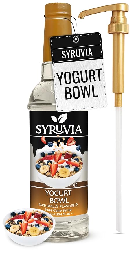 Syruvia Yogurt Bowl Syrup, Naturally Flavored Syrup for Smoothies, Drinks, Lemonades, Iced Teas, and Desserts – 25.4 fl oz - with Pump