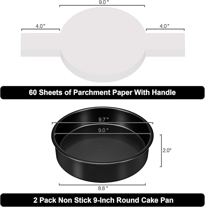 9 Inch Round Cake Pan Set of 2, Nonstick Cake Pans 9 Inch Round with 60PCS Parchment Paper for Birthday, Round Cake Pans for Baking Layered Cakes Deep-Dish Pizza Pie, Even Heating & Dishwasher Safe