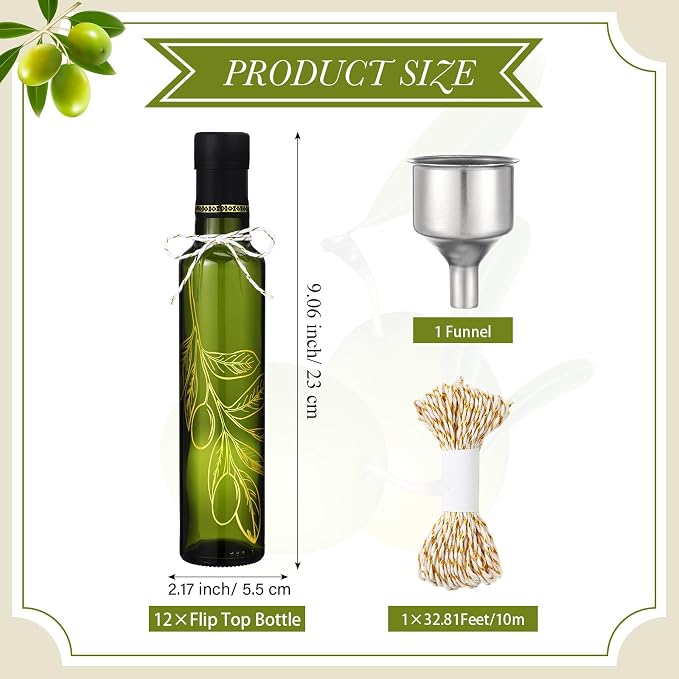 Reallnaive 12 Sets 8 oz Glass Olive Oil Bottles Empty Sauce Condiment Bottles with Tags and Twine and Funnel for Storing Homemade Oil Christmas Wedding Baby Shower Gifts(Olive Leaf, Clear)
