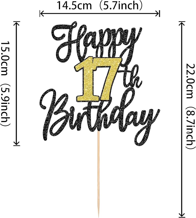 1 PCS Happy 17th Birthday Cake Topper Black Gold Glitter Cheers to 17 Years Birthday Cake Pick 17 Fabulous Cake Decoration for Happy 17th Birthday Anniversary Party Decorations Supplies