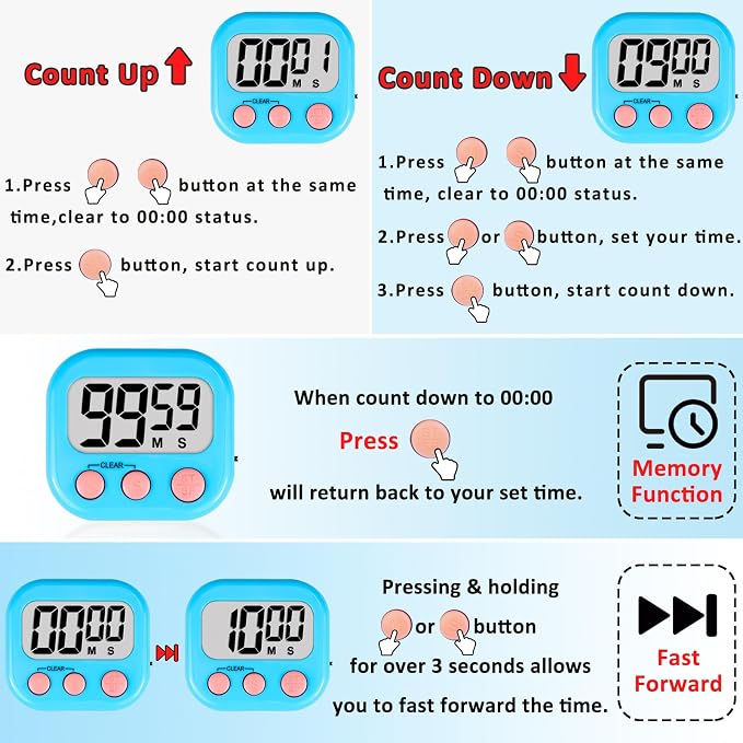 ZILLEN 6 Pack Kitchen Timers for Cooking Digital Classroom Timers for Kids Teachers Blue Pink Purple