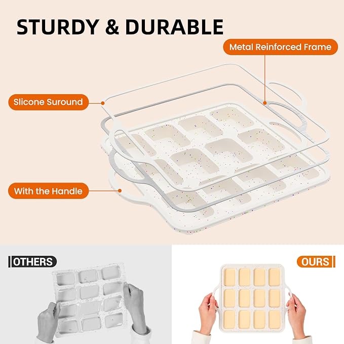 FUNBAKY Silicone Mini Loaf Pans with Metal Reinforced Frame,12-Cavity Nonstick Mini bread loaf pans for Baking Cornbread,Bread,Brownie,Cheesecake -2Pcs