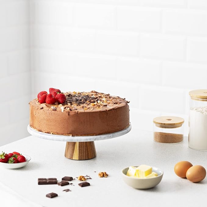 Navaris Marble Cake Stand - 11 3/4" Diameter Pedestal Spinner with Marble Plate and Wood Base - Round Turntable for Serving Desserts, Wedding Cakes