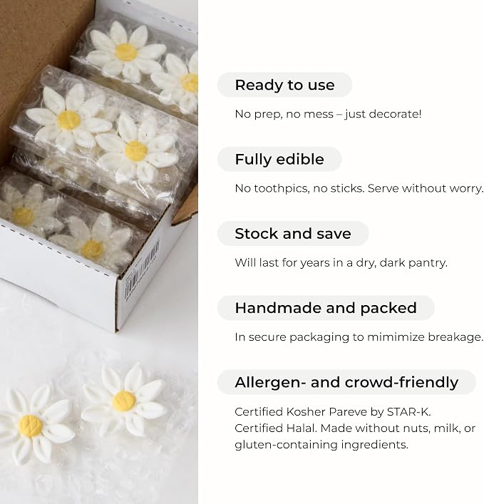 36 Count Edible Daisy Cake Decorations, Small Edible Flowers, White & Pink Sugar Flowers, Daisy Cupcake Toppers for Cakes & Cupcakes, Edible Cake Decorations, Global Sugar Art (1 Inch)