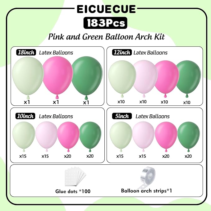 Pink and Green Balloons Garland Arch Kit 183Pcs - 5 10 12 18 inch Different Size Hot Pink Sage Green Light Balloon for Baby Shower Woodland Safari Birthday Summer Tropical Party Decorations