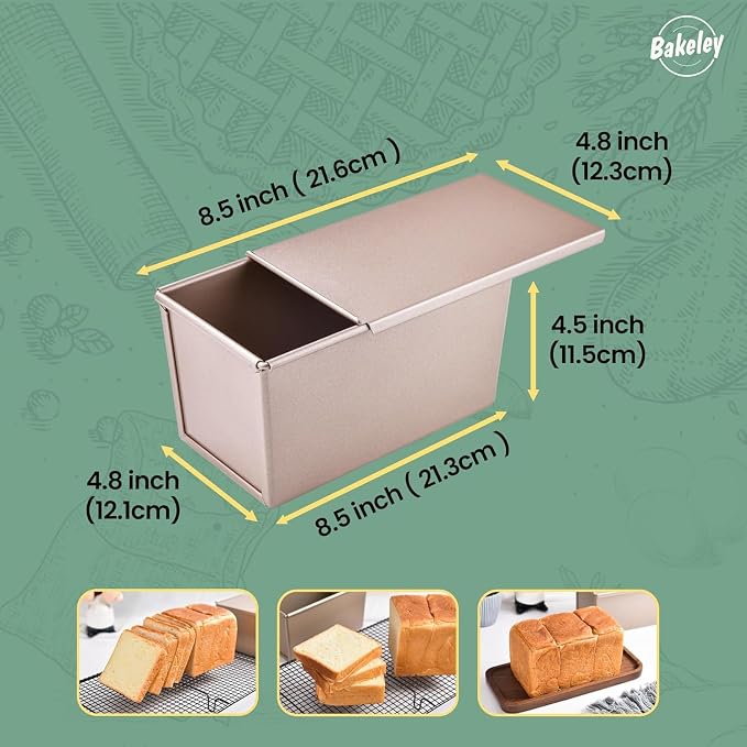 Commercial Pullman Loaf Pan with Lid, 1Lb Dough Capacity Non-stick Rectangle Flat Toast Box for Oven Baking 8.3" x 4.8" x 4.3"(Champagne Gold)