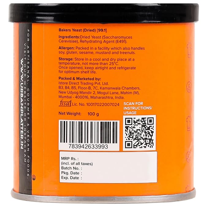 Urban Platter Active Dry Yeast | 3.53 Oz (100g) | Fast Rising Yeast for Baking Bread, Pizza, Cakes & Dough | Professional Grade & Gluten Free | No Preservatives | Ideal for Home & Commercial Use