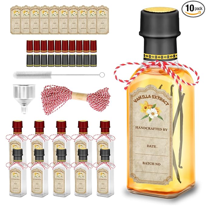 10-Pack Glass Vanilla Extract Bottles 5 oz with Lids, Labels, Shrink Bands & Funnel – Ideal Glass Jars for Syrup, Extract, and Essential Oils