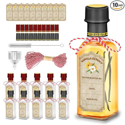 10-Pack Glass Vanilla Extract Bottles 5 oz with Lids, Labels, Shrink Bands & Funnel – Ideal Glass Jars for Syrup, Extract, and Essential Oils