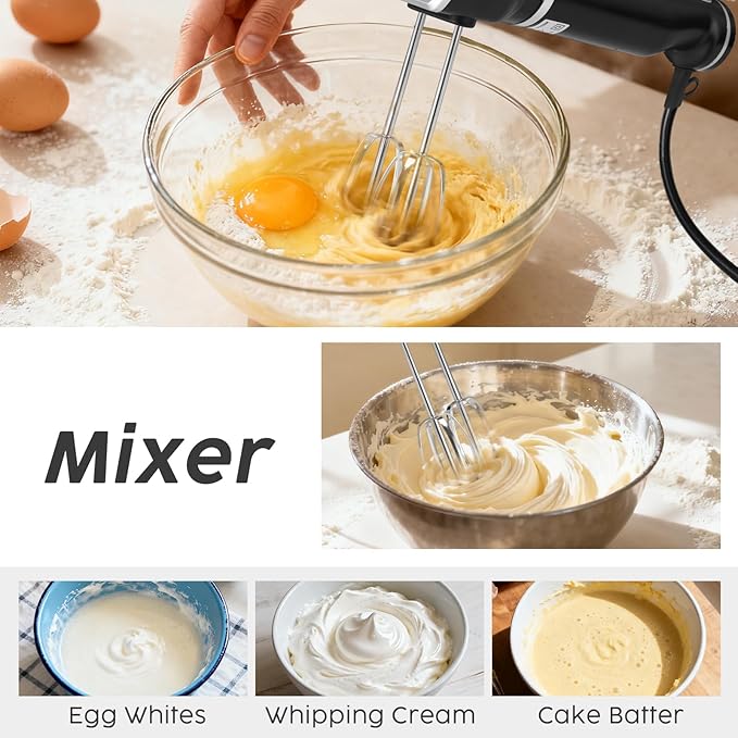 2-In-1 Hand Mixer Immersion Blender Electric Handheld, Portable Hand Blender Electric Mixer with Beater Dough Whisk & Blending Cup, Food Processor Kitchen Gadgets for Smoothies Baby Food Baking & Soup