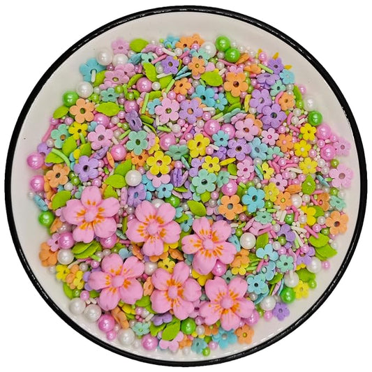 Colorful Mini Spring Flowers Sprinkles, mixed with 6 pcs Pink Edible Flowers, 4.6 oz, White Green Pink Sugar Pearls Leaf and Jimmies for Easter Cake Decorating Cupcake Toppers Cookie Dessert Decorations