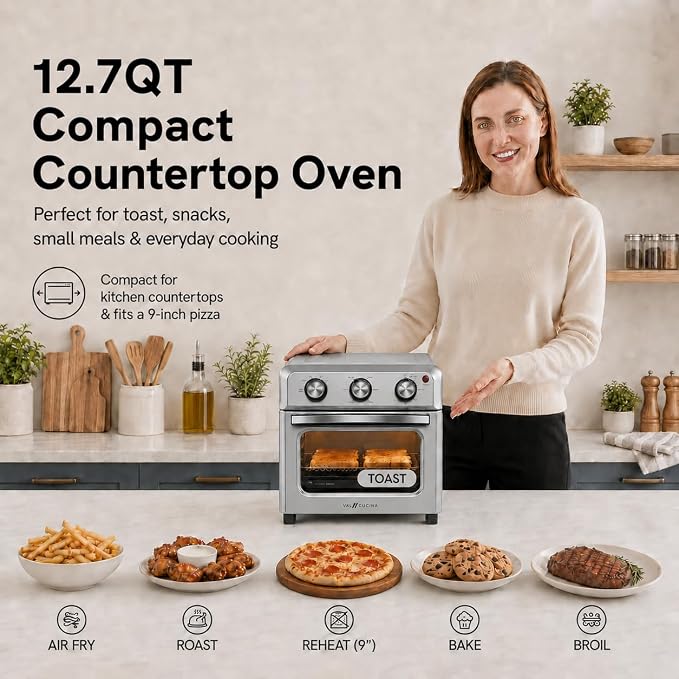 VAL CUCINA 6-in-1 Air Fryer Toaster Oven Combo, Compact 12.7 QT Small Countertop Convection Oven, Fits 9" Pizza & 4 Toast, Hexagon Hybrid Heating, Enamel Baking Pan Included, Stainless Steel Finish