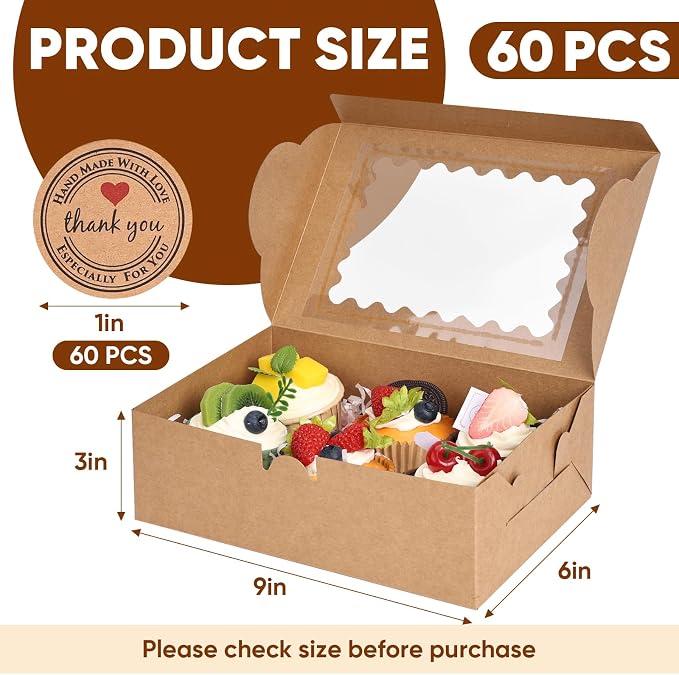 60pcs Cookie Boxes with Window for Gift Giving, 9x6x3 Inches Brown Bakery Boxes with Stickers, Holiday Packaging Gift Boxes for Cookie, Desserts, Chocolate Strawberries, Muffins, Donut, Cupcake