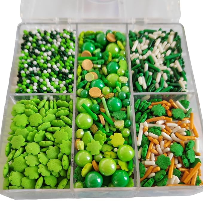 St. Patrick's Day Sprinkles for Cake Decorating, Edible Green Shamrock Sprinkles with Pearls Jimmies Nonpareils for Baking Cupcake Toppers Cookie Decorating Ice Cream Topping