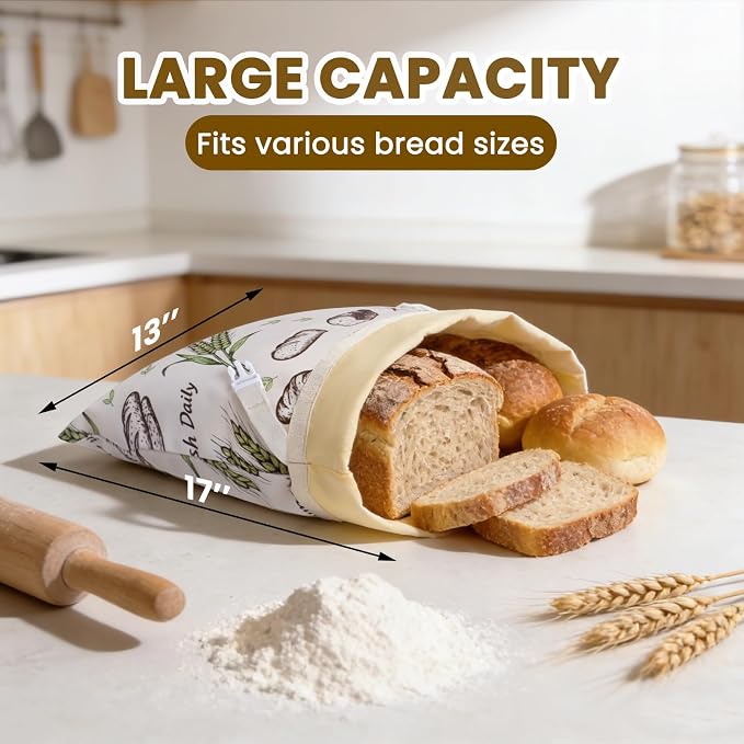 Beeswax Bread Bag for Homemade Bread Sourdough, 2 Pack Reusable Bees Waxed Infused Linen Wrap for Baguette Loaf Bread Freezer, Fresh Food Keeper Storage Container, Homesteading Essentials Ear of wheat