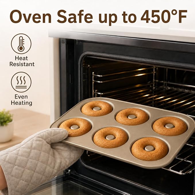 Donut Pans for Baking, 2-Pack 6-Cavity Nonstick Carbon Steel Doughnut Pans, Round and Decorative Shapes, Gold