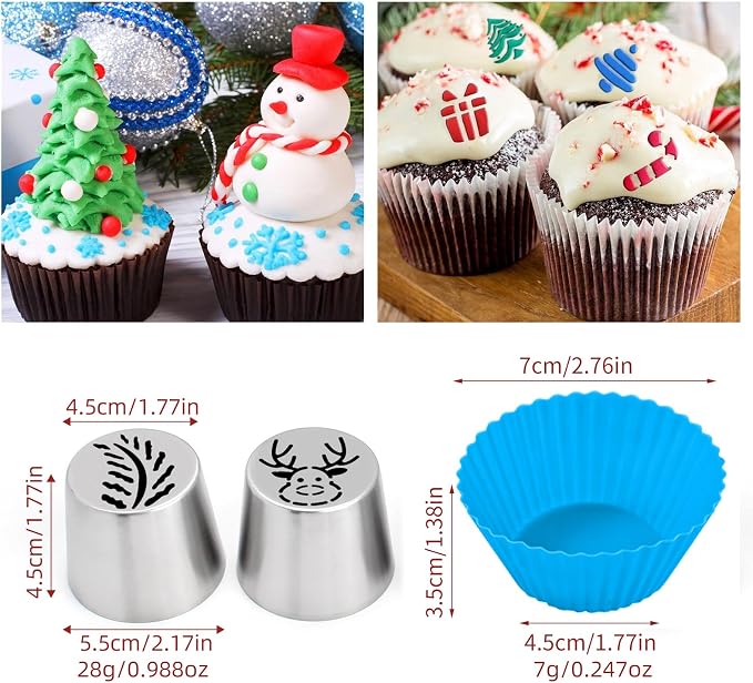 Christmas Russian icing Piping Tips Set-30pcs Cake Decorating Kit with 13 extra large nozzles,10 Pastry Bags, 6 Silicone Baking Cups,1 Cleaning Brush, Perfect for Cupcakes, Cakes, Holiday Baking Gifts