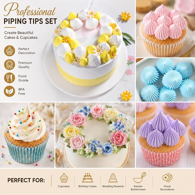 4 Pack Stainless Steel Seamless Piping Icing Tips FO2 FO6 9FT R22L, Large Piping Nozzle, Cake Decorating Tools for Cupcake Baker