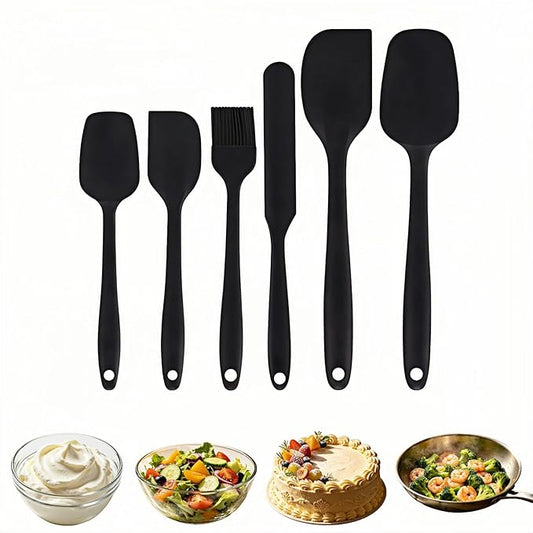 6-Piece Silicone Spatula Set, Heat Resistant Up to 230°C, Non-Scratch Non-Stick Cookware, Seamless One-Piece Design,with Pastry Brush for Baking Cooking Mixing (Black)