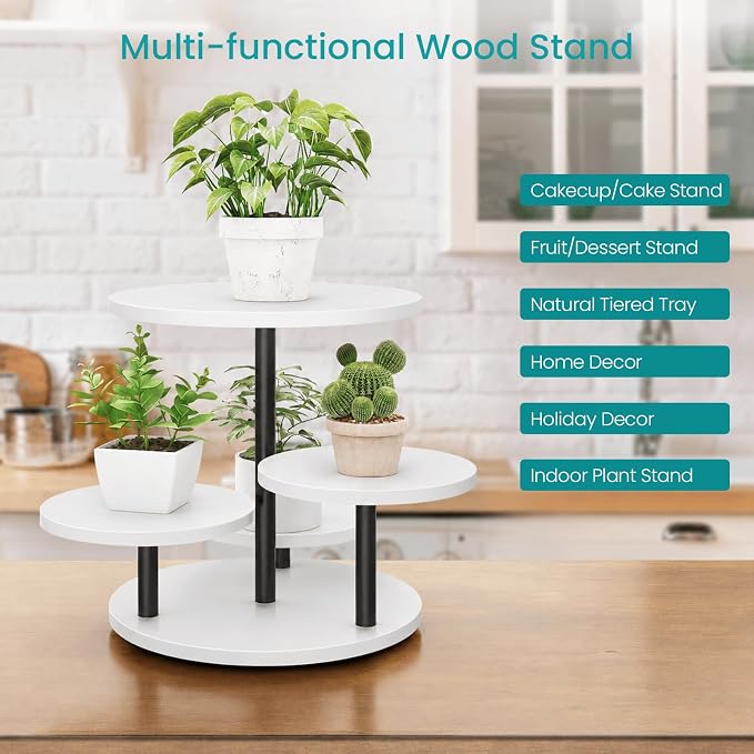 ELITEROO 4 Tiered Wooden Cupcake Stand, Round cake and cupcake stand combo with serving Tray, 360°Rotating Dessert Tower for Pie Table Display Rack for Wedding Birthday Baby Shower Tea Party, White