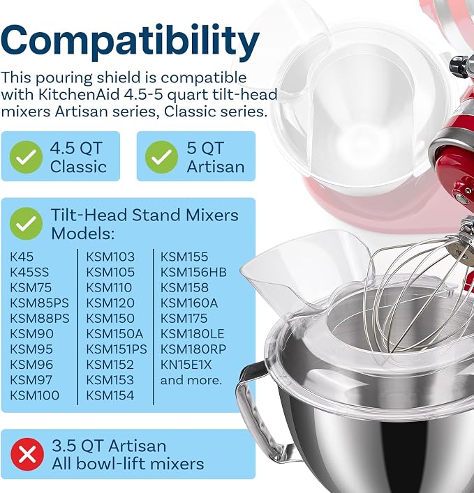Mixer Attachments for KitchenAid 4.5–5 Quart Tilt-Head Stand Mixers – Compatible with Artisan & Classic – Beaters, Whisks, Dough Hooks & Attachment Sets by MMOBIEL (Pouring Shield, Eco-friendly PE)