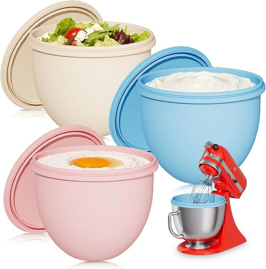 Snuggery 3Pcs 5QT Silicone Bowl Liner for KitchenAid Tilt-Head Stand Mixers – Food-Grade Silicone Insert with Sealable Lid, Vent Holes & ml Markings – Heat-Resistant, Stackable Design