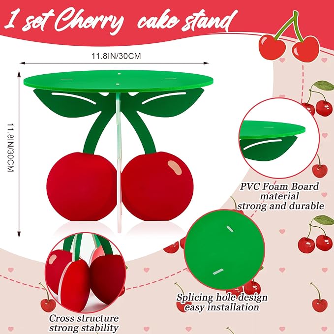 Lallisa 12" Cherry Cake Stand 3D Red and Green Cherry on Top Party Decorations PVC Dessert Holder Centerpieces for Birthday Baby Shower Wedding Party Supplies