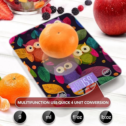 Food Scale Kitchen Scale for Baking Cooking Digital Food Weighing Measuring Scale Small Waterproof Electric Food Scale Black Owl and Leaves