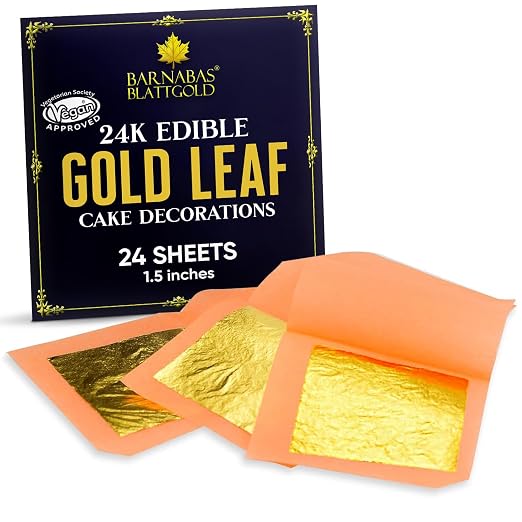 Barnabas Edible Gold Leaf 24K - Cake Decorations, Loose Gold Leaf Sheets for Cupcakes - 1.5 inches, Interleaf of 24