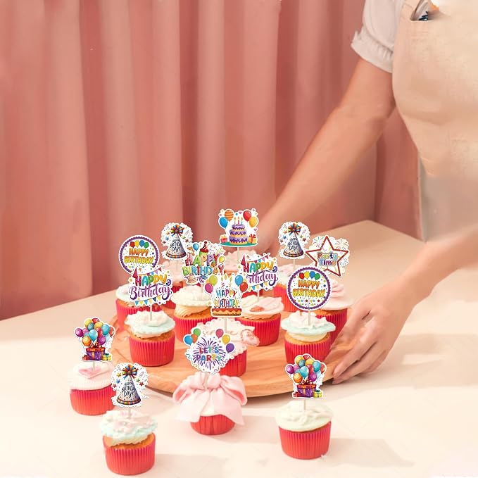 36 PCS Happy Birthday Cupcake Toppers Colorful Balloon Star Cheers Let's Party Time Firework Cupcake Pciks Happy Birthday Cake Decorations for Celebrating Anniversary Party Cake Decorations Supplies