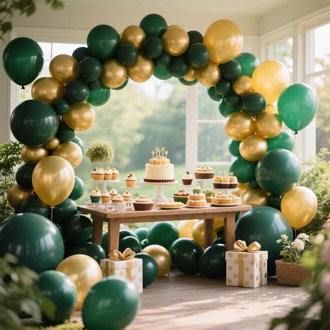 412Pcs Green and Gold Balloon Arch Kit, 18 12 10 5 Inch Different Size Latex Balloons Dark Green and Gold Party Balloons for Birthday Graduation Jungle Party Decorations