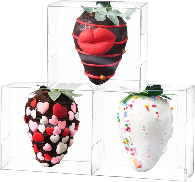 50 Pcs 2.5" X2.2" X2" Clear Single Chocolate Covered Strawberries Box Small Bakery Treat Boxes Macaron Boxes Mini Cinnamon Roll Boxes for 2 Gift Box for Wedding Birthday Christmas Party