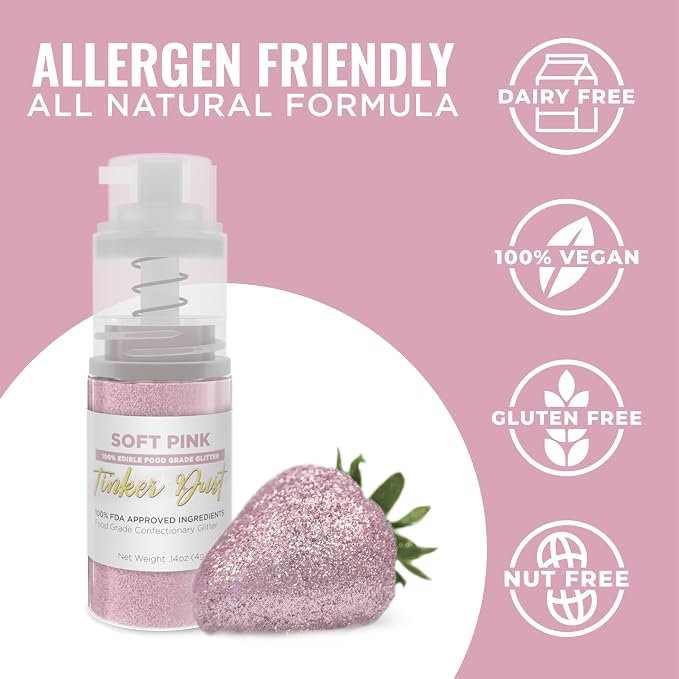 Bakell - Soft Pink Tinker Dust (4g, 1x Mini Spray Pump) Edible Glitter for Food, Desserts, and Baked goods!