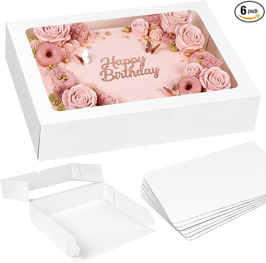 Moretoes 6 Pack 19x14x4 Inch Large Half Sheet Cake Boxes with Thick Cake Boards, White Rectangle Bakery Boxes with Window for Cake Pastry Baking, Cupcake, Muffins, Pie